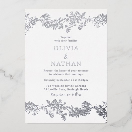 Elegante Zilver & Wit Bloemen Huwelijk Folie Uitnodiging (Voorkant)