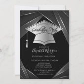 Elegante zilveren afstudeerhoed zwart afstuderen kaart (Voorkant)