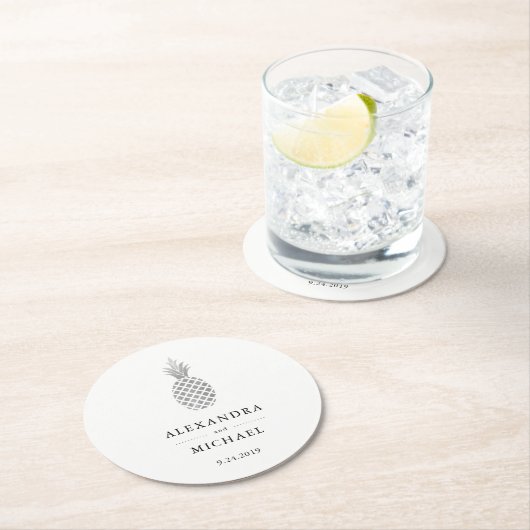 Elegante zilveren ananas bruiloft ronde kartonnen onderzetter (Insitu)