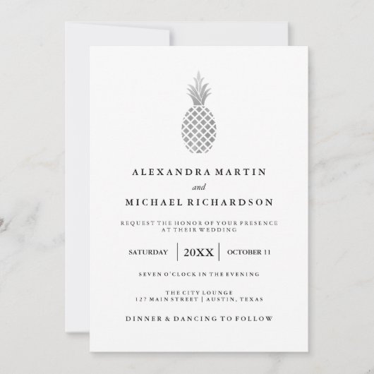 Elegante zilveren ananas bruiloft uitnodiging (Voorkant)