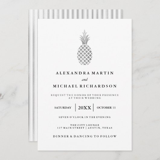 Elegante zilveren ananas bruiloft uitnodiging (Voorkant / Achterkant)