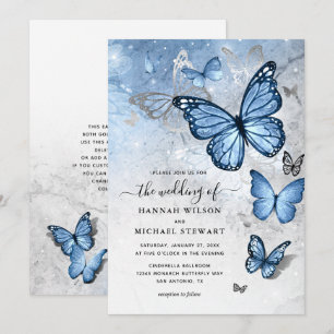 Elegante Zilveren Baby Blauwe Vlinder Bruiloft Kaart
