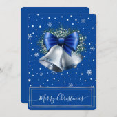 Elegante Zilveren Bel & Blauwe Lint Aangepaste Ker Feestdagenkaart (Voorkant / Achterkant)