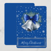 Elegante Zilveren Bel & Blauwe Lint Custom Kerstka Feestdagenkaart (Voorkant / Achterkant)