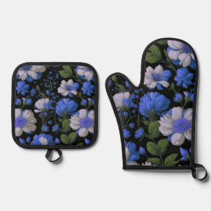 Elegante zilveren blauw witte elegante retro bloem ovenwant & pannenlap set