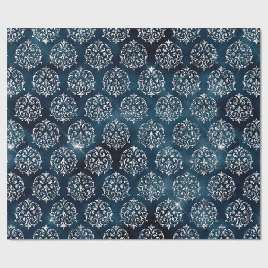 Elegante zilveren blauwe damast kerstvakantie cadeaupapier (Vlak)