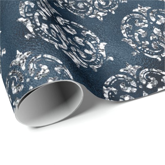 Elegante zilveren blauwe damast kerstvakantie cadeaupapier (Rol Hoek)