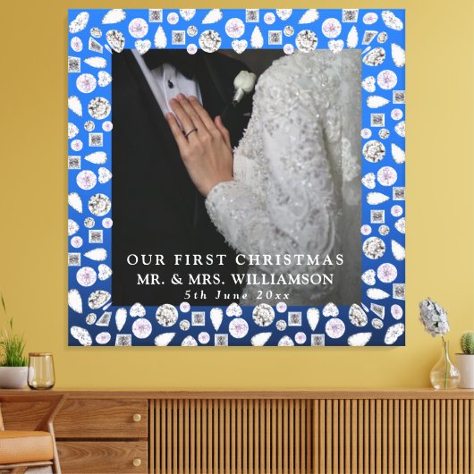 Elegante zilveren blauwe hart diamant eerste kerst canvas afdruk (Insitu (Woonkamer))