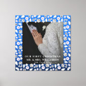 Elegante zilveren blauwe hart diamant eerste kerst canvas afdruk (Voorkant)