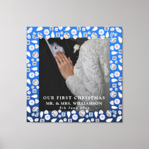 Elegante zilveren blauwe hart diamant eerste kerst canvas afdruk
