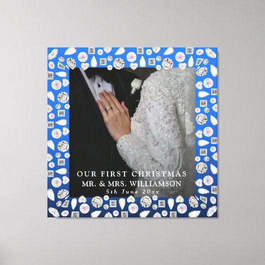 Elegante zilveren blauwe hart diamant eerste kerst canvas afdruk (Voorkant)