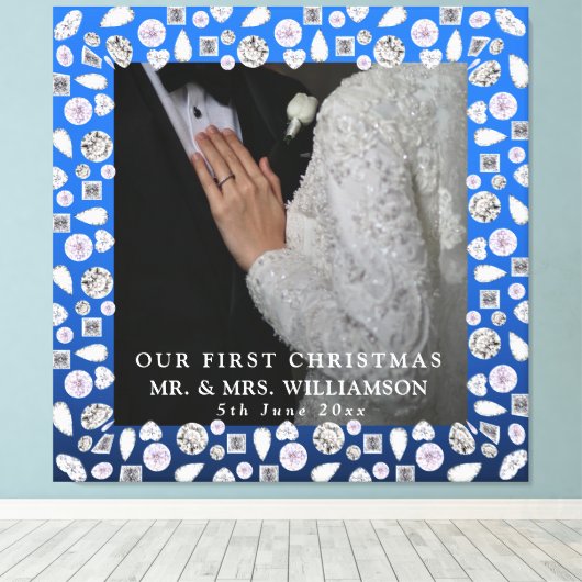 Elegante zilveren blauwe hart diamant eerste kerst canvas afdruk (Insitu (Houten vloer))