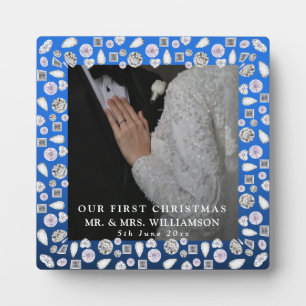 Elegante zilveren blauwe hart diamant eerste kerst fotoplaat