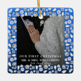 Elegante zilveren blauwe hart diamant eerste kerst keramisch ornament