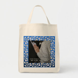 Elegante zilveren blauwe hart diamant eerste kerst tote bag