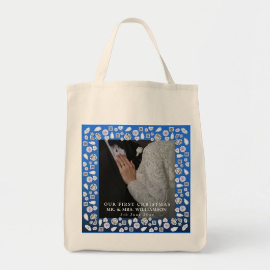 Elegante zilveren blauwe hart diamant eerste kerst tote bag (Voorkant)