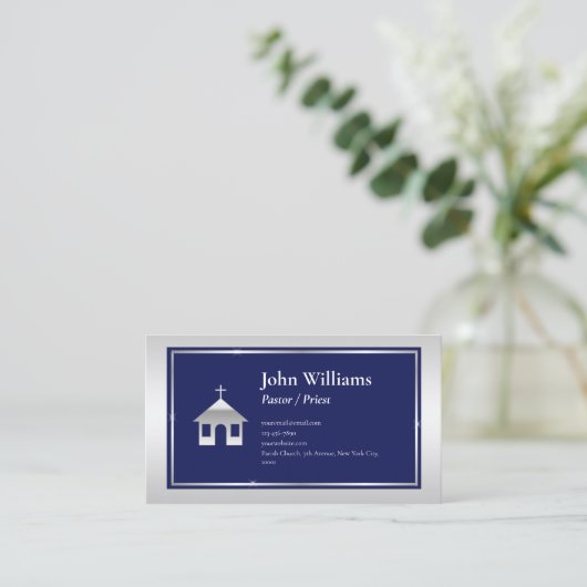 Elegante zilveren blauwe kerk pastoor priester visitekaartje (Staand voorkant)