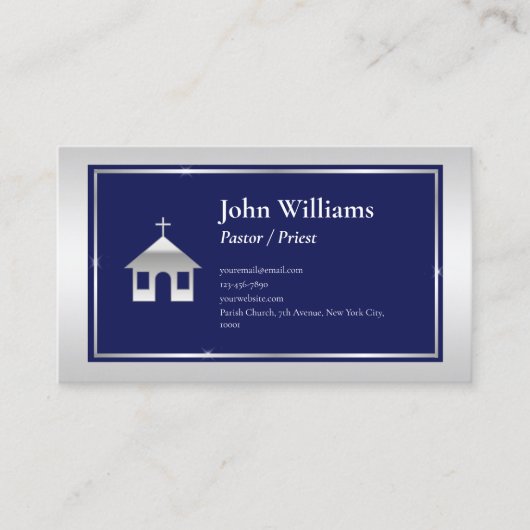 Elegante zilveren blauwe kerk pastoor priester visitekaartje (Voorkant)