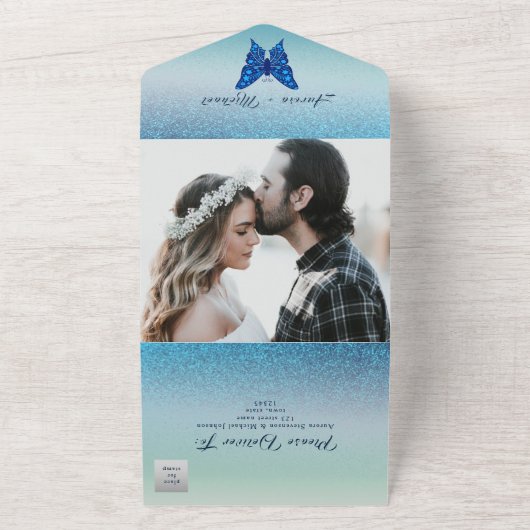 Elegante zilveren blauwe vlinder bruiloft all in one uitnodiging (Buitenkant)