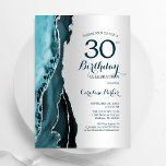 Elegante zilveren Blauwgroen agaat 30e verjaardag Kaart<br><div class="desc">Blauwgroen en zilveren agaat 30e verjaardagsfeestuitnodiging. Elegant modern design met waterverf agaat marmeren geode achtergrond,  faux glitter zilver en typografie script lettertype. Trendy uitnodigingskaart perfect voor een stijlvol vrouwenfeest. Gedrukte Zazzle-uitnodigingen of direct downloadbare digitale afdrukbare sjabloon.</div>