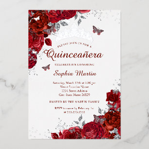 Elegante Zilveren Bloem Vlinder Rode Quinceanera  Folie Uitnodiging