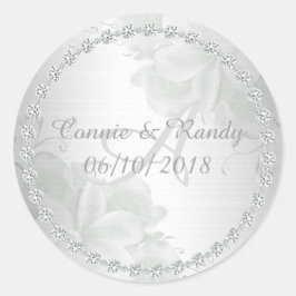 Elegante zilveren bloemen en diamant monogram brui ronde sticker