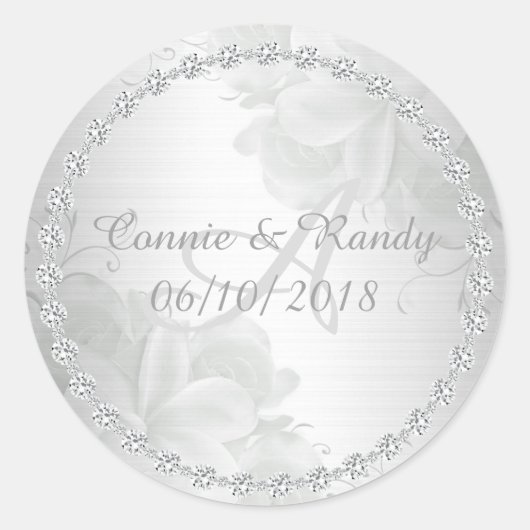 Elegante zilveren bloemen en diamant monogram brui ronde sticker (Voorkant)