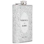 Elegante Zilveren Bloemen Trouwfles – gepersonalis Heupfles (Rechts)