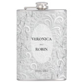 Elegante Zilveren Bloemen Trouwfles – gepersonalis Heupfles (Voorkant)