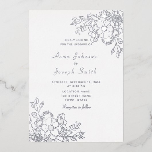 Elegante zilveren bloemenbruiloft folie uitnodiging (Voorkant)