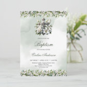 Elegante zilveren bloemenkruis witte lelies Doop Kaart (Staand voorkant)