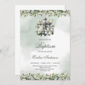 Elegante zilveren bloemenkruis witte lelies Doop Kaart (Voorkant / Achterkant)