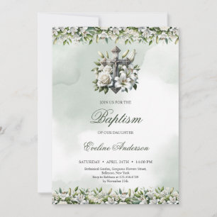 Elegante zilveren bloemenkruis witte lelies Doop Kaart