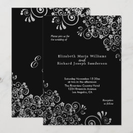 Elegante zilveren bloemenwervelingen zwart bruilof kaart