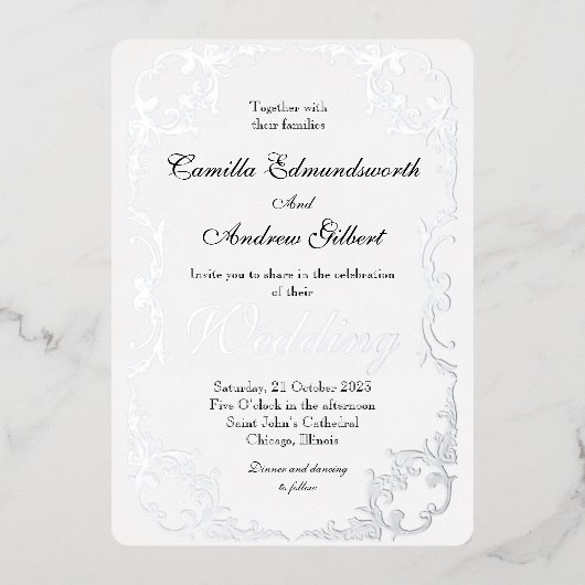 Elegante zilveren bloemrand trouwkaart folie uitnodiging (Voorkant)