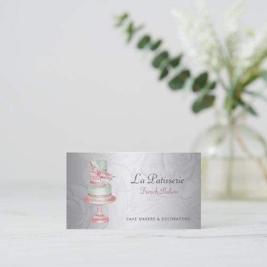 Elegante Zilveren Blush Bloemen Trouwtaart Makers Visitekaartje (Staand voorkant)