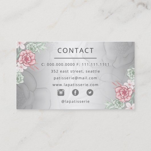 Elegante Zilveren Blush Bloemen Trouwtaart Makers Visitekaartje (Achterkant)