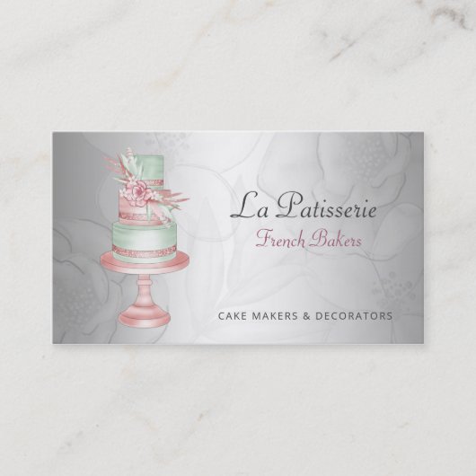 Elegante Zilveren Blush Bloemen Trouwtaart Makers Visitekaartje (Voorkant)