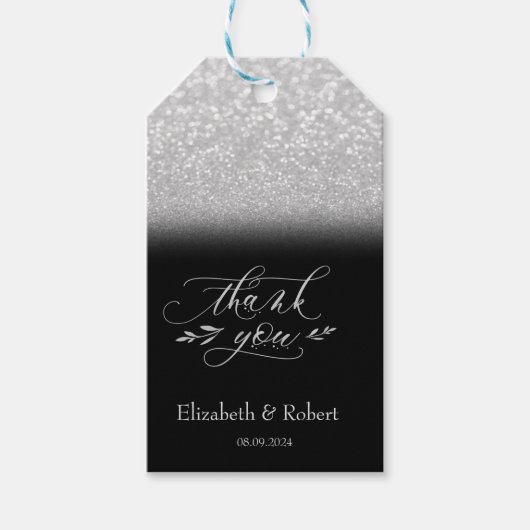 Elegante Zilveren Bokeh Zwarte Dankkaart Cadeaulabel (Voorkant)