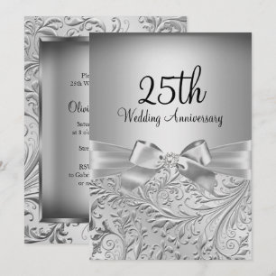 Elegante Zilveren Boog Bloemige Swirl 25e Verjaard Kaart