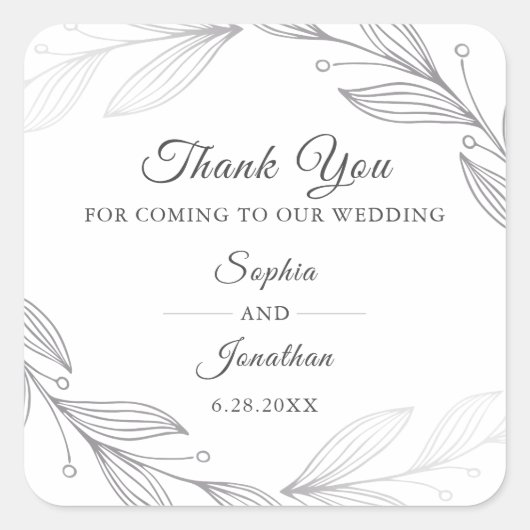 Elegante zilveren botanische bladeren bruiloft dan vierkante sticker (Voorkant)
