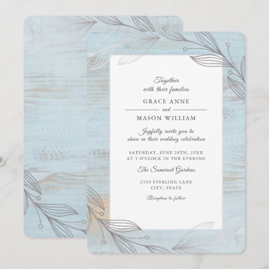 Elegante zilveren botanische bladeren rustieke bru kaart (Voorkant / Achterkant)