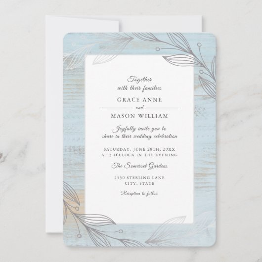 Elegante zilveren botanische bladeren rustieke bru kaart (Voorkant)