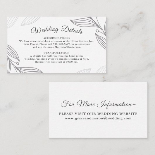 Elegante zilveren botanische bruiloft details Webs Informatiekaartje (Voorkant / Achterkant)