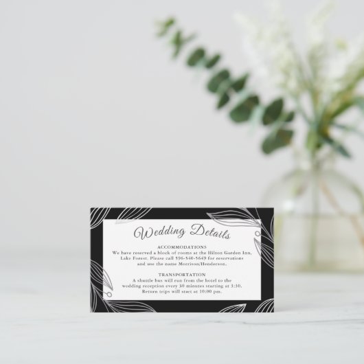 Elegante zilveren botanische bruiloft details Webs Informatiekaartje (Staand voorkant)