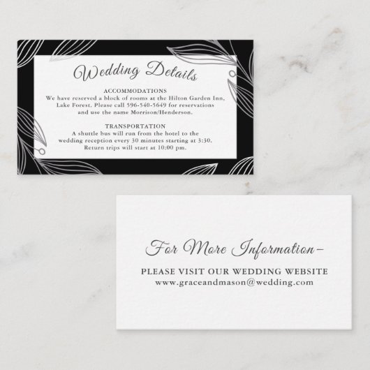 Elegante zilveren botanische bruiloft details Webs Informatiekaartje (Voorkant / Achterkant)