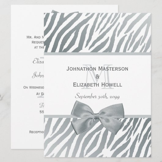 Elegante Zilveren Bow Zebra Print Monogram Huwelij Kaart (Voorkant / Achterkant)