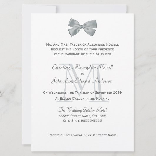 Elegante Zilveren Bow Zebra Print Monogram Huwelij Kaart (Achterkant)