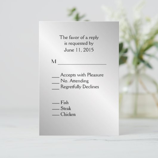 Elegante zilveren bruiloft RSVP met Menu (Staand voorkant)