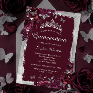 Elegante zilveren burgundy bloem Quinceanera  Folie Uitnodiging
